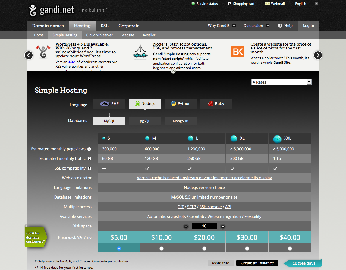 NodeJS with MySQL Gandi Instance