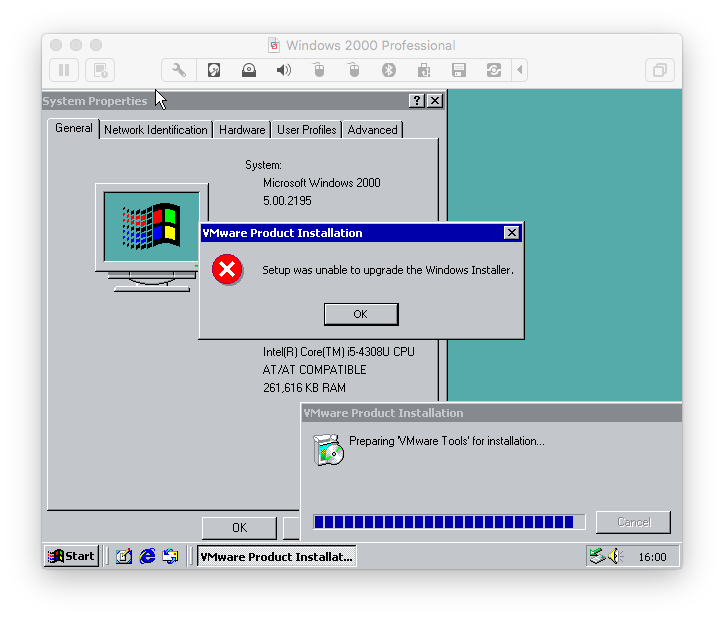 Screen shot showing it was unable to upgrade the installer
